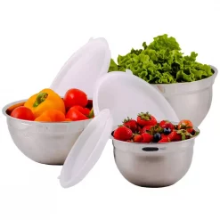 Promo β Ovente 3-Piece Mixing Bowls With Lids Stainless Steel Kitchen Storage Bakeware Set π