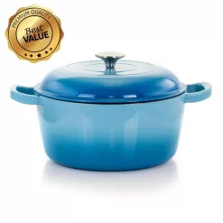 Cheapest 👍 MegaChef MegaChef 5 Qt. Round Enameled Cast Iron Casserole In Blue With Lid ✔️