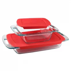 Wholesale ✨ Pyrex Easy Grab 3 Qt. And 8 In. X 8 In. 4-Piece Glass Bakeware Set With Red Lids 💯