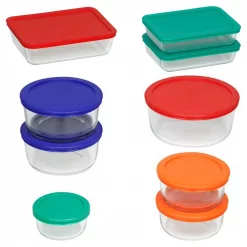 New 😉 Pyrex Simply Store 18-Piece Glass Storage Set With Assorted Colored Lids 🥰