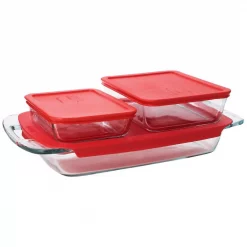 Promo 👍 Pyrex Bake N Store 6-Piece Glass Bakeware And Storage Set With Red Lids ✔️