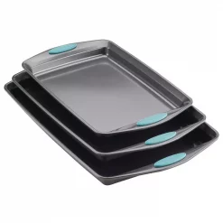 Coupon 🧨 Rachael Ray 3-Piece Gray Nonstick Bakeware Cookie Pan Set With Agave Blue Silicone Grips ✨